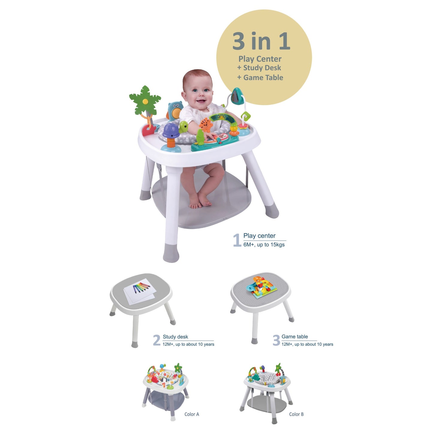 Centru de activitati pentru copii 6 luni +, 3 in 1, scaun rotativ cu jucarii si masa cu blat, JollyKids