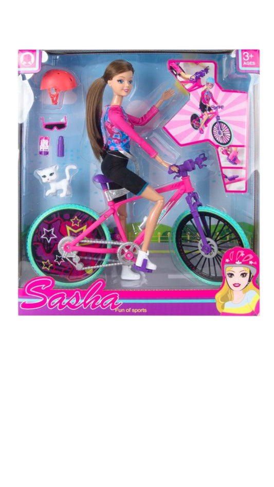 Set Papusa cu Bicicleta cu Accesorii Sasha