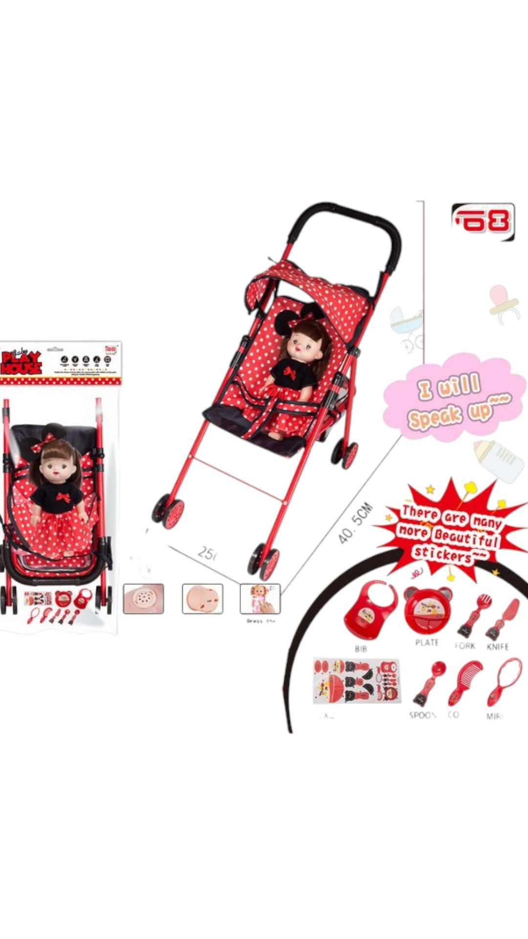 Carucior cu Papusa Bebelus muzical si accesorii